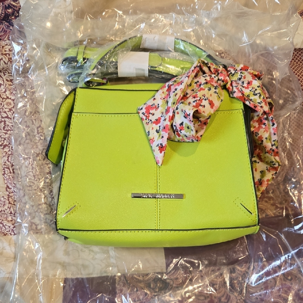 Steve Madison Neon Green Handbag with Floral Scarf Accent